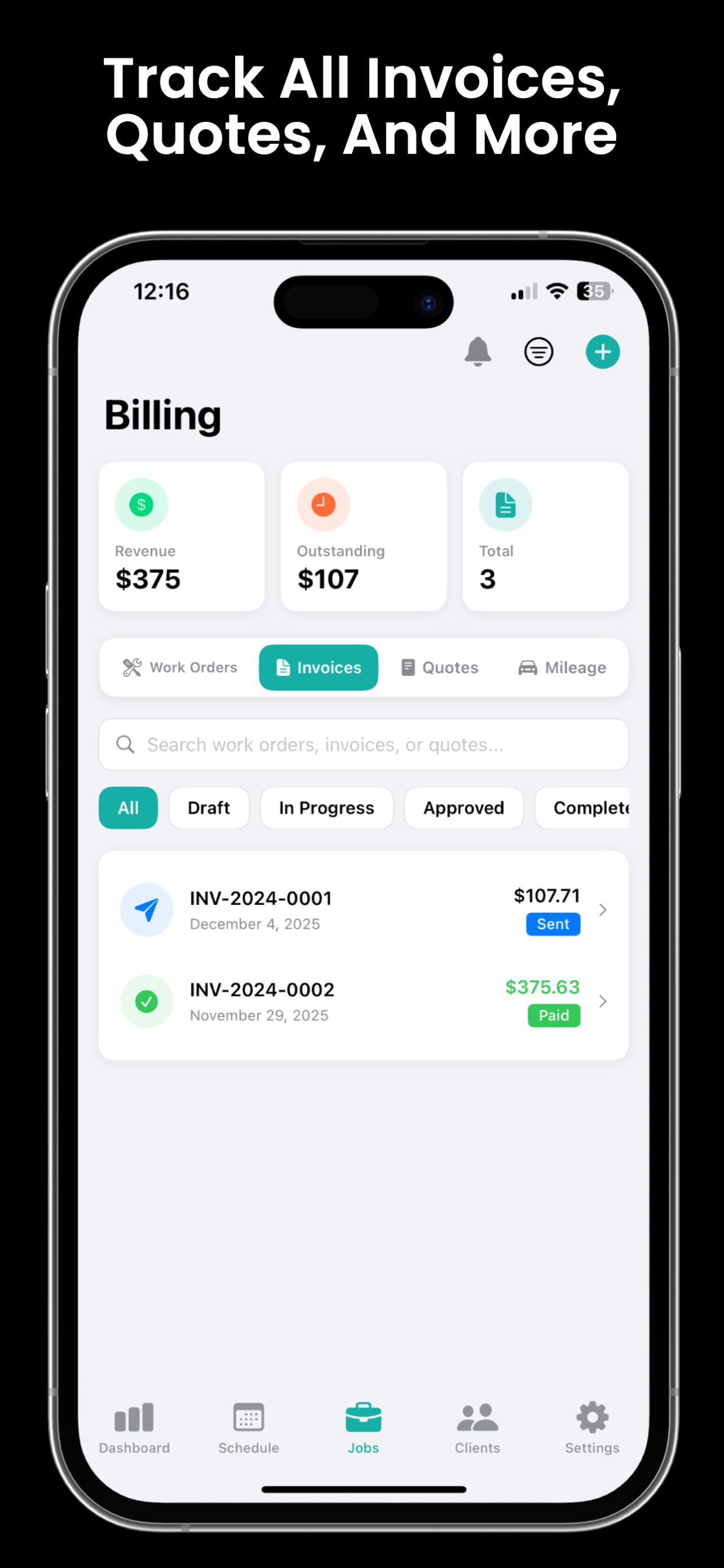 Mechanic invoice tracking dashboard - revenue, outstanding payments, and billing status