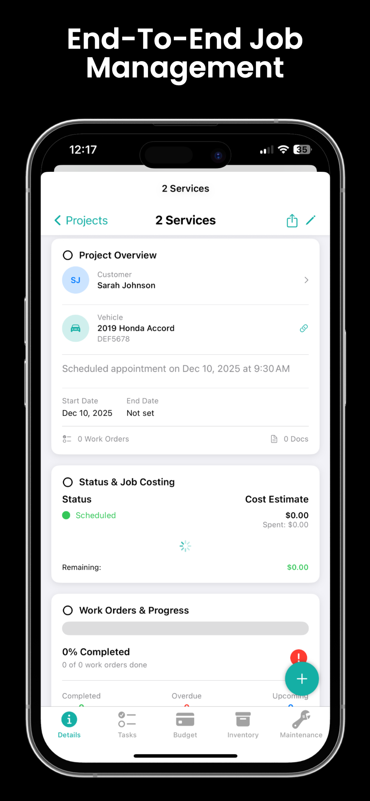 Mobile mechanic job management - track project status, costs, and customer details