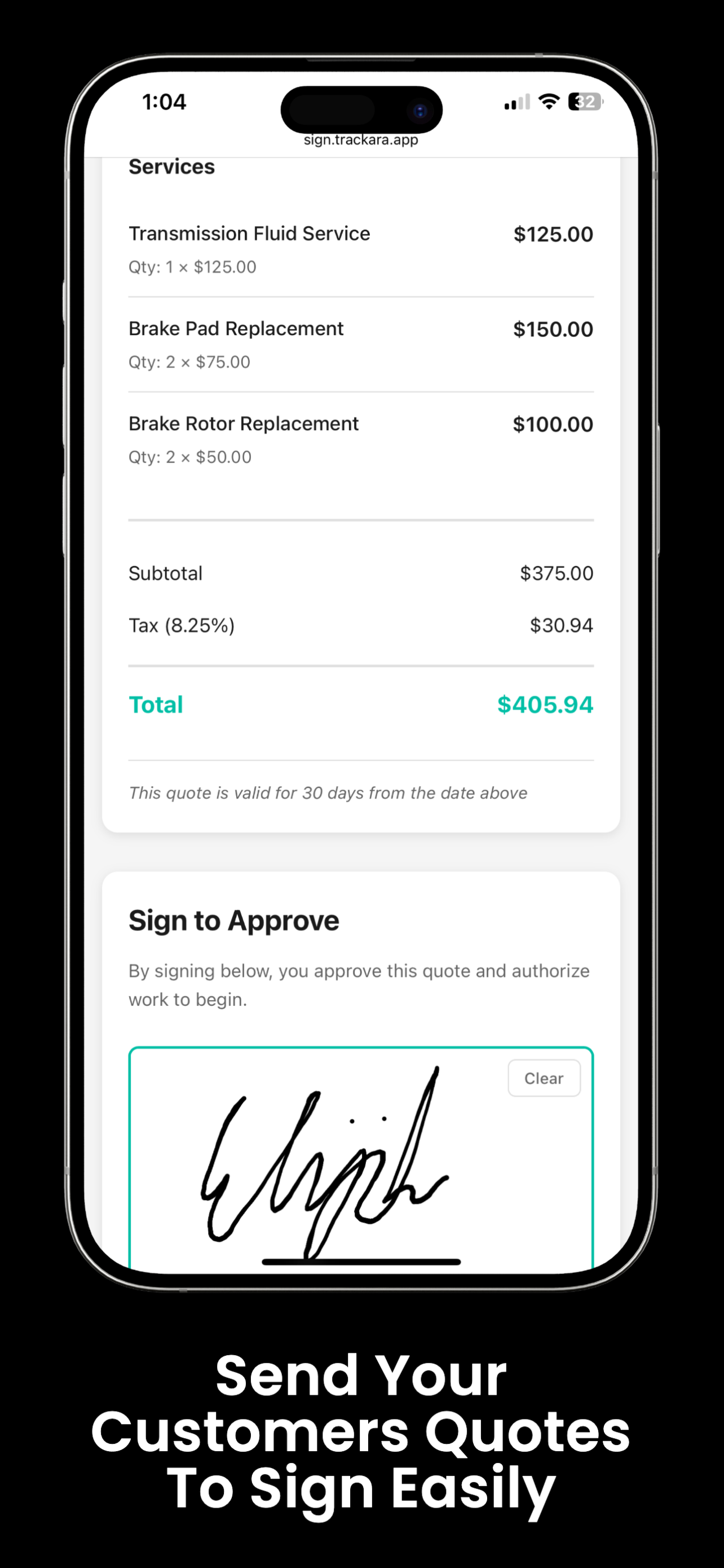 Customer quote approval with digital signature capture for mobile mechanics