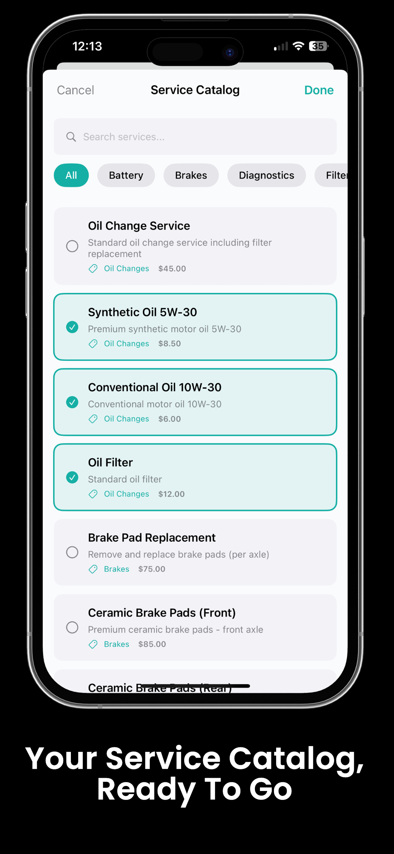Auto repair service catalog - pre-built service templates for mobile mechanics